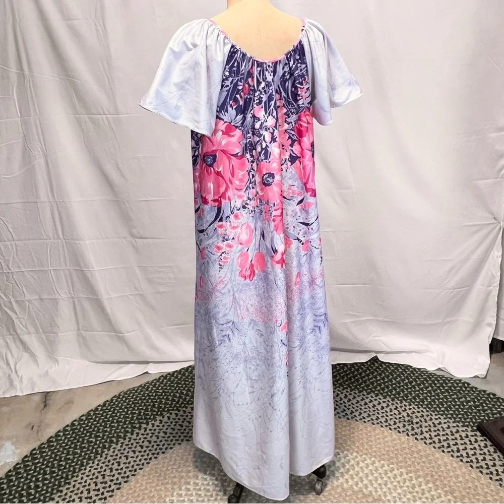 VINTAGE 60s 70s floral house dress‎ nightgown long maxi short flutter sleeve